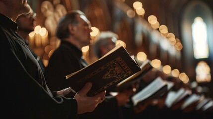 A group of men are reading from a book in a church