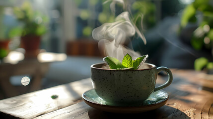 Steaming Mint Tea Photo - Refreshing Morning Beverage with Aromatic Steam in Natural Sunlight