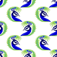 Seamless pattern with peacocks on white background.	