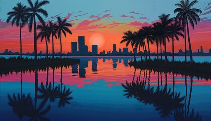 painting of horizon with palmtrees silhouette, 80s retro, miami vice style, reflections on water, city skyline buildings
