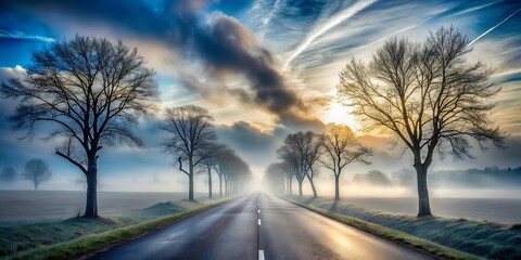 a misty eerie road flanked by bare trees leading