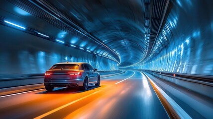 Fototapeta premium Car driving through a tunnel with dramatic lighting, Road trip, adventurous and exciting