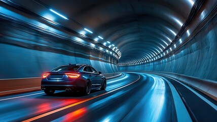 Fototapeta premium Car driving through a tunnel with dramatic lighting, Road trip, adventurous and exciting