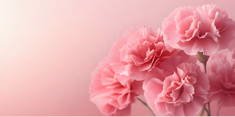 Fototapeta premium Pink carnations flowers on pastel pink background with copy space,&nbsp;