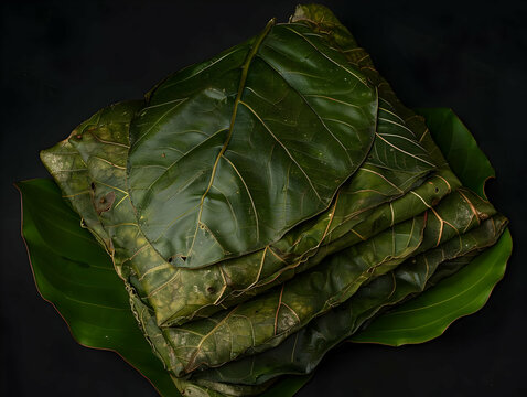 Stacked Green Teak Leaves Photo on a Black Background