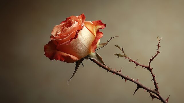  A single delicate rose with soft orange and pink petals stands against a muted background, its thorns symbolizing both beauty and resilience.