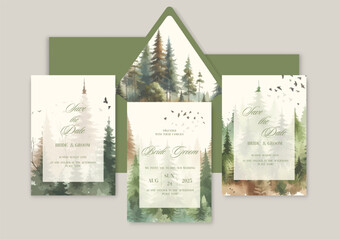 Rustic greenery wedding invitation card template with watercolor Pine Tree Forest.