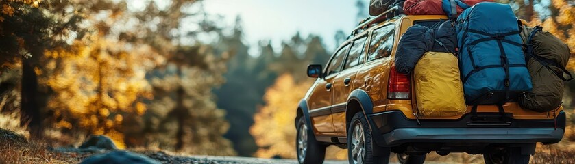 Car loaded with camping gear ready for adventure, Road trip, adventurous and prepared