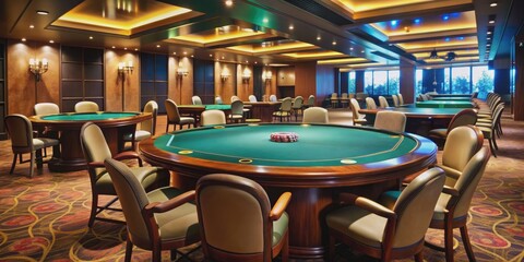 Fototapeta premium Poker Texas Holdem game in a Las Vegas casino , cards, chips, gambling, luck, strategy, betting, competition, risk, entertainment
