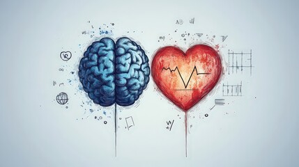  Brain and heart side by side connected by scientific symbols, illustrating balance between intellectual and emotional aspects of human experience.