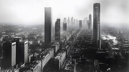 Black and White Aerial View of Skyscrapers and Cityscape