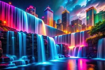 Fototapeta premium Surreal futuristic waterfall cascading into a neon-lit cityscape with vibrant colors and abstract shapes in a high-contrast illumination with sharp focus
