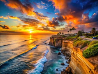 dramatic la jolla coastline cliffside sunset burst vibrant oranges warm yellows deep blues long exposure silky ocean mist atmospheric perspective