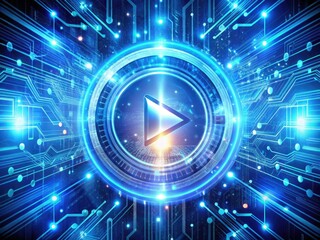 Fototapeta premium Abstract futuristic digital realm featuring glowing blue play button amidst swirling digital codes and circuits with mesmerizing lights.