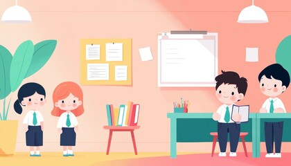 Colorful classroom scene with students interacting, showcasing a vibrant learning environment and engaging educational activities.
