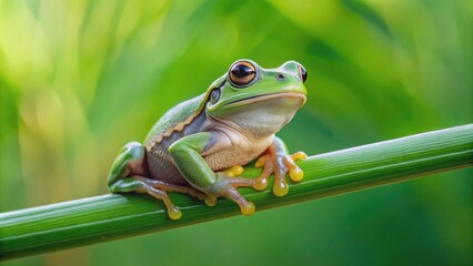 Fototapeta premium of Hyla arborea sitting on grass straw with clear green background, wildlife, nature, amphibian, frog, meadow, river, habitat