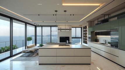 Obraz premium A large modern and premium L shaped kitchen in a penthouse apartment, a large island in front, deeper green color tones. Generative AI.