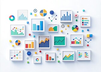 Modern minimalist white background colorful icons organized chaos business analytics data visualization