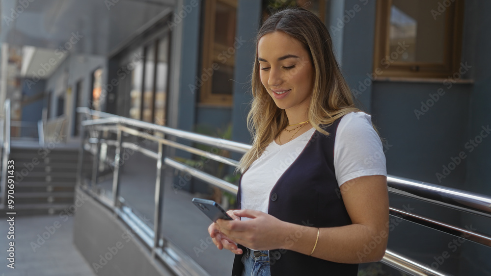 Wall mural a beautiful young caucasian woman stands outdoors in an urban street, holding her phone and smiling 