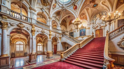 Fototapeta premium Baroque decorated hall with stairs in Clam Gallas Palace, Prague, Baroque, palace, interior, stairs, grand