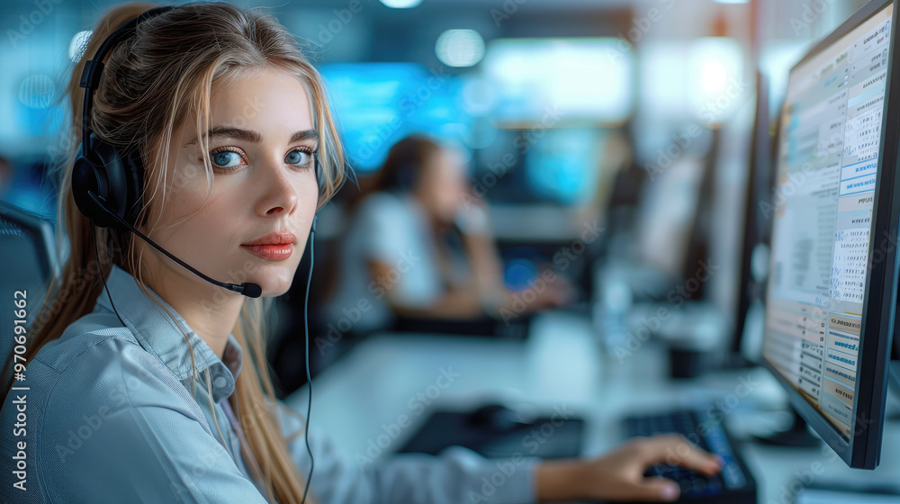 Aufkleber a dedicated support call center worker, focused and diligent, is seated at desk in a busy, modern ca