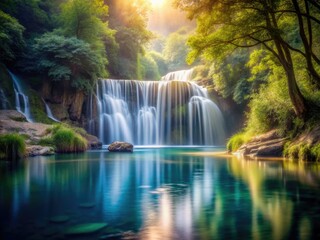 Mystical waterfall descending into a peaceful serene lake with ripples and subtle reflections in a soft calming color scheme with delicate focus
