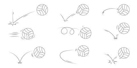 Doodle sport volleyball ball trajectory bounce collection. Line hand drawn balls set