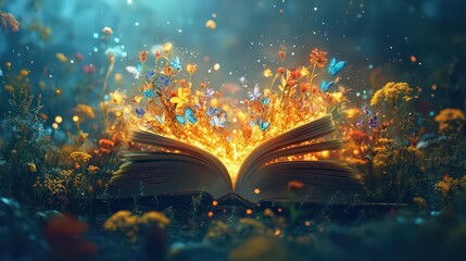 Open book releases vibrant butterflies and flowers, representing imagination, knowledge, and growth. A magical fusion of nature and learning.


