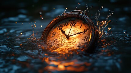 Flickering clock submerged in water symbolizes fleeting time, mixed emotions, and inner turmoil. Reflects pressure, urgency, or overwhelming feelings.

