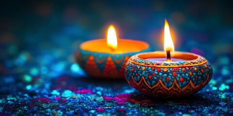 Colorful Oil Lamps Lit on Blue Background for Diwali