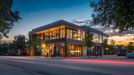 Modern Building with Glass Facade at Dusk