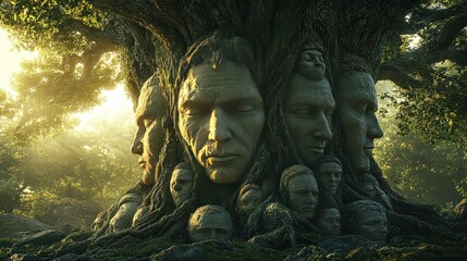  Tree with human faces carved into its trunk, symbolizing ancestral wisdom, memory, and the connection between nature and humanity.