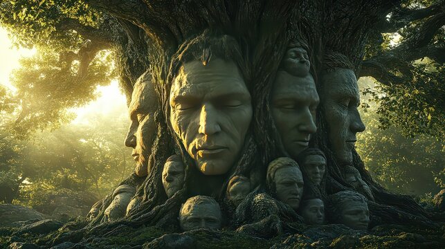  Tree with human faces carved into its trunk, symbolizing ancestral wisdom, memory, and the connection between nature and humanity.