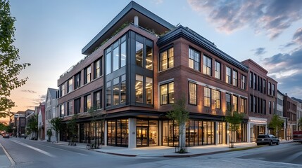 Naklejka premium Modern Brick Building with Large Windows on a City Street at Dusk
