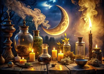 mystical apothecary twilight smoke swirled ancient runes mystical elixirs glowing crescent moonlit dreamy surrealism soft focus warm golden hour eerie luminescence fantastical ancient artifacts