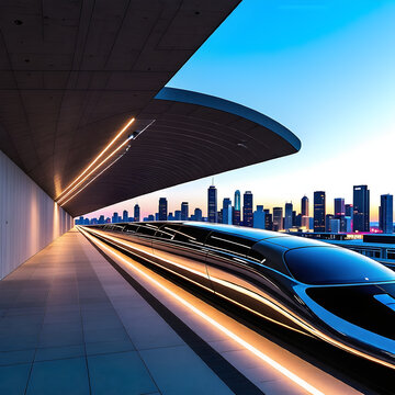 A hyperloop station with sleek pods lined up, ready to travel through vacuum tubes at lightning speed, set against a futuristic city skyline.