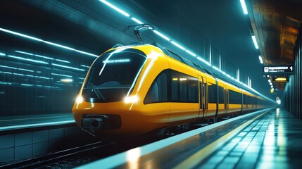 Vibrant Yellow Train at a Polished Station Platform Under Bright, Shining Lights