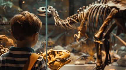 Child looking at the skeleton of an ancient dinosaur in the museum of paleontology. Little boy watching at dinosaur bones