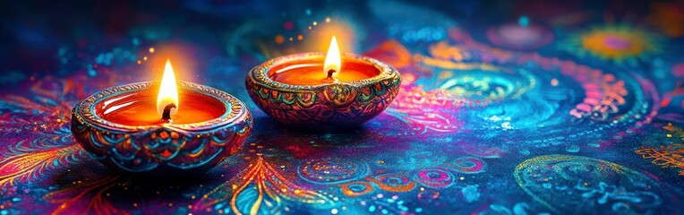 Colorful Oil Lamps Lit on Blue Background for Diwali