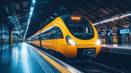 Vibrant Yellow Train at a Polished Station Platform Under Bright, Shining Lights