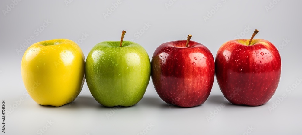Poster fresh apples in varying colors displayed on a neutral background with droplets of water