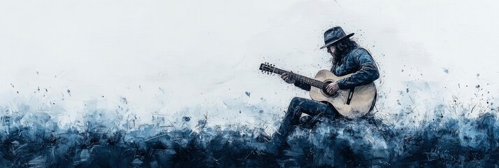 Man Playing Guitar in a Watercolor Landscape
