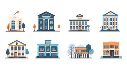 Naklejka premium Set of Eight Colorful Illustrated Building Facades