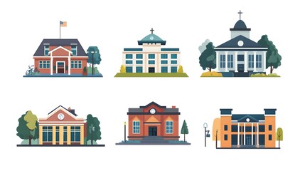 Fototapeta premium Six Different Styles of Building Facades with Green Trees