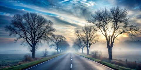 a misty eerie road flanked by bare trees leading