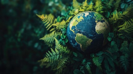 Globe with green foliage around it, representing global sustainability efforts. Ample space for text.