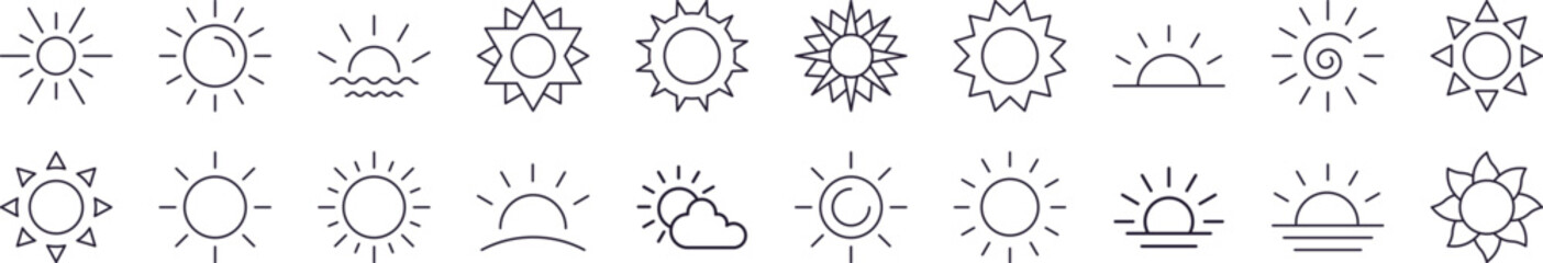 Sun Thin Line Icon Set. Editable Stroke. Suitable for Banners, Cards, Social Networks, Apps