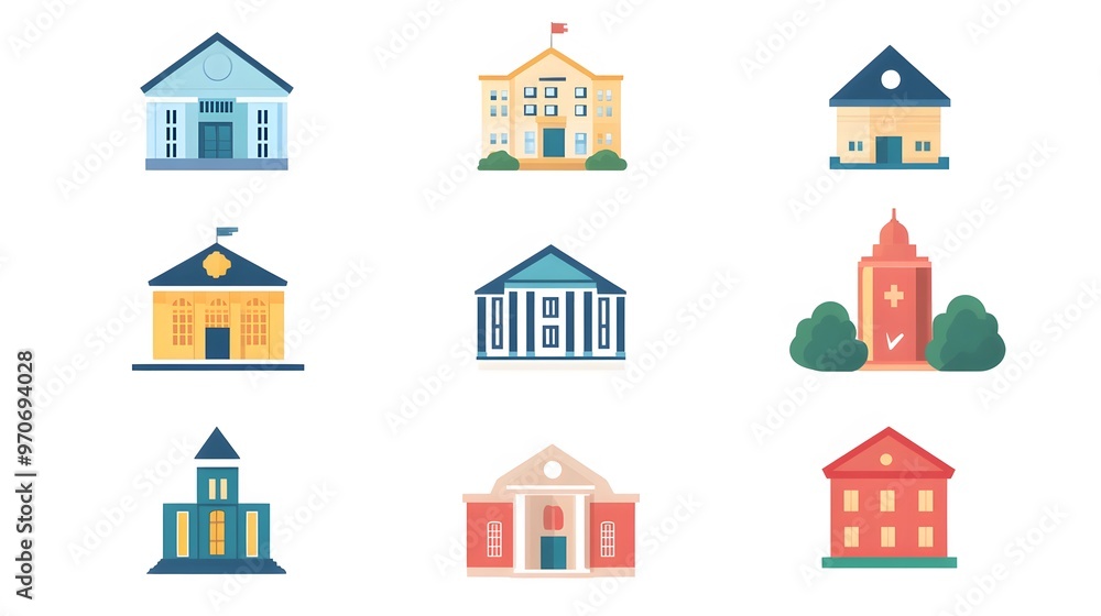 Poster set of colorful building icons with flat style