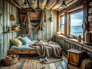 Rustic sailor's retreat with distressed wooden walls, hand-knitted blankets, and a simple rope-framed bed on a weathered fishing boat.
