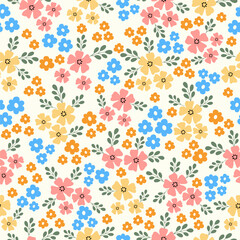Seamless pattern with flower blossom garden. Cute hand drawn floral pattern for your fabric, summer background, wallpaper, backdrop, textile. Vector illustration